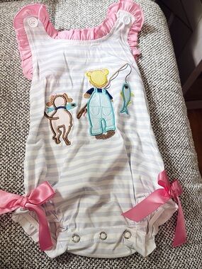Striped Baby Romper with Fishing Applique and Pink Ruffle Bows🎀